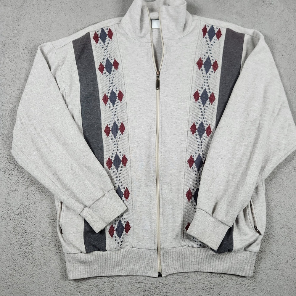 Unbranded Vintage Full Zip Sweatshirt Mens L Oatmeal Geometric 90s Retro Jacket